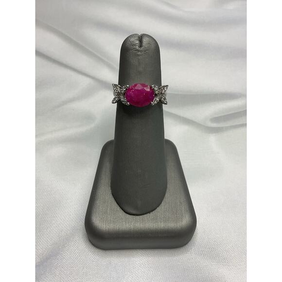 Authentic Stauer Sterling Silver Ruby Composite with Floral Design Ring - Picture 3 of 4